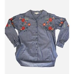 Beachlunchlounge Embroidered Floral Striped‎ Button Down Sz M Nautical Colorful